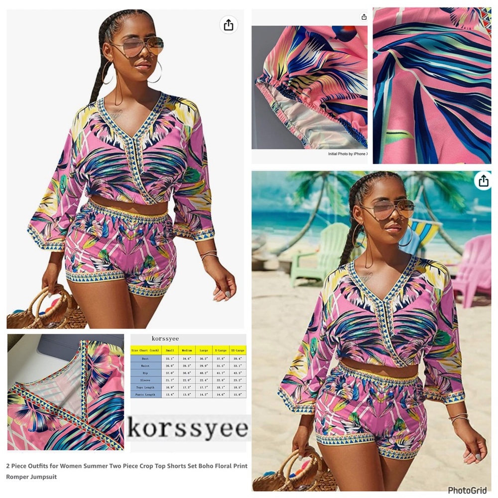 Kossyee XL pink two piece crop top & shorts boho floral set NWOT
